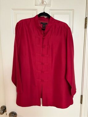 SilkLand Woman Red Silk Mandarin-Collar Frog-Closure Blouse